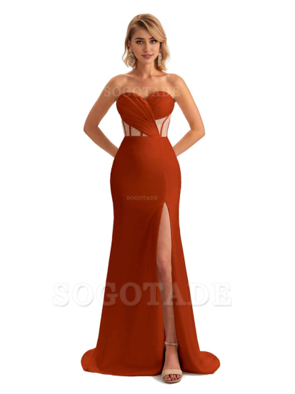 Sexy Sweetheart Strapless Side Slit Mermaid Soft Satin Unique Long Bridesmaid Dress For Wedding