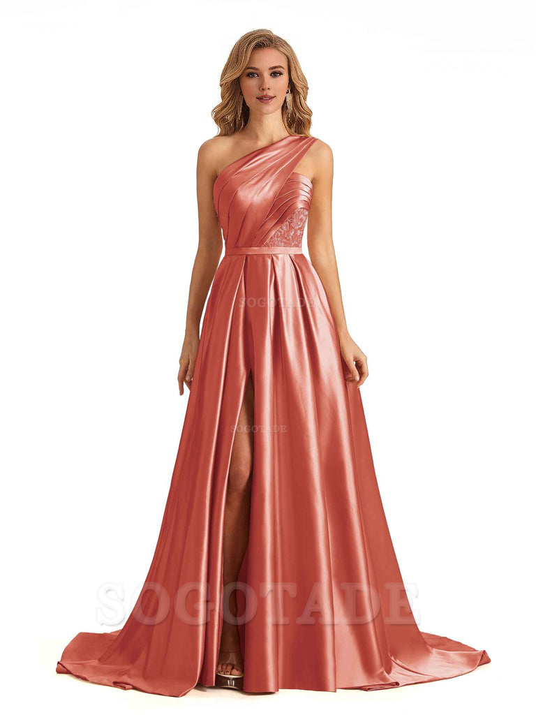 Sexy Side Slit One Shoulder A-Line Soft Satin Long Bridesmaid Dresses Online prom dress in store