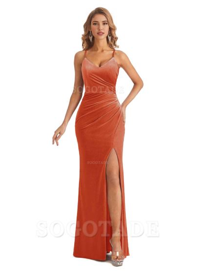 Elegant Mermaid Spaghetti Straps V-Neck Velvet Side Slit Long Bridesmaid Dresses Bridesmaid Dresses Formal Wear Dresses