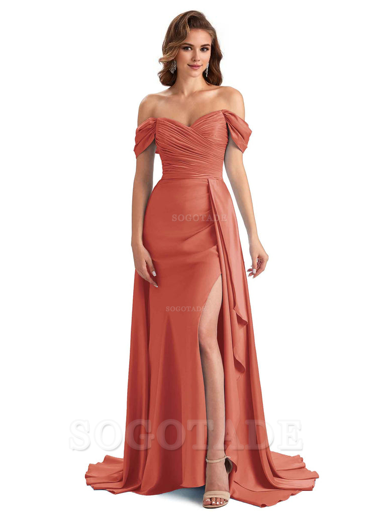 Sexy Side Slit Mermaid Soft Satin Off The Shoulder Long Unique Bridesmaid Dresses prom dress in store