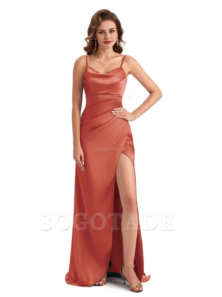 Soft Satin Side Slit Spaghetti Straps Sexy Wedding Bridesmaid Dresses
