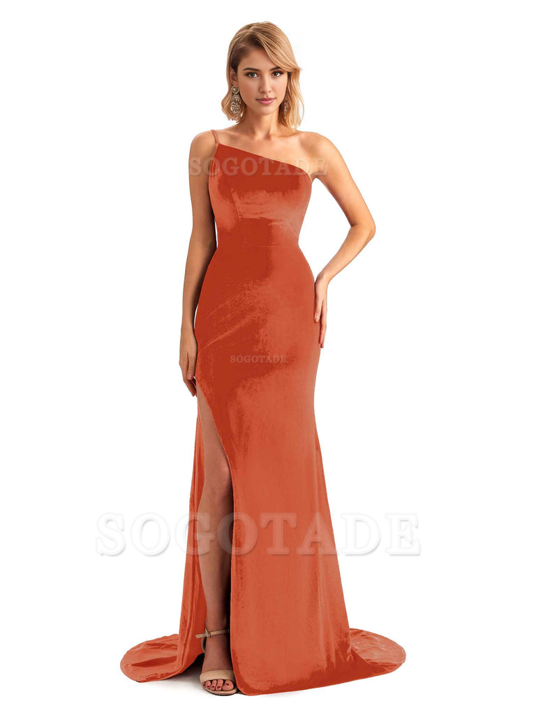 Sexy Side Slit Mermaid Spaghetti Straps One Shoulder Formal Velvet Long Bridesmaid Dresses