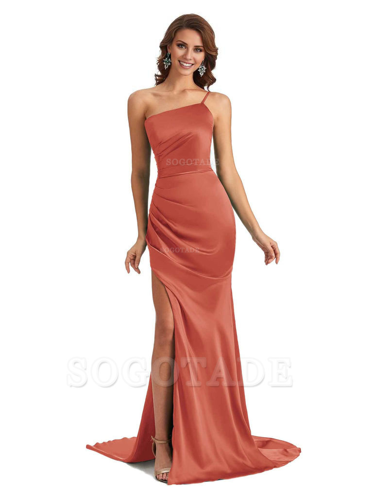 Sexy Silky Satin Side Slit One Shoulder Unique Long Wedding Guest Maxi Dresses