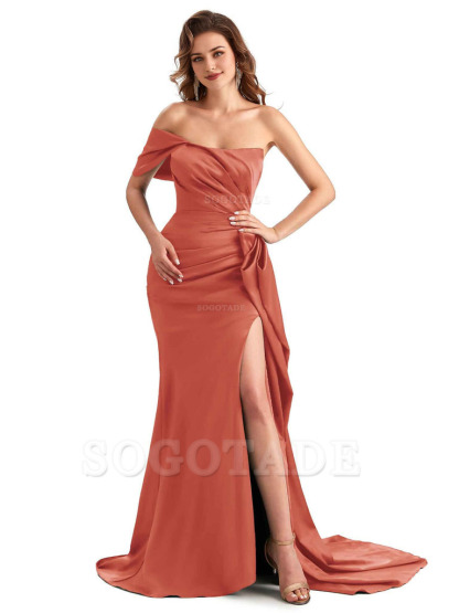 Sexy Side Slit Mermaid Silky Satin One Shoulder Chic Long Maid Of Honor Dresses