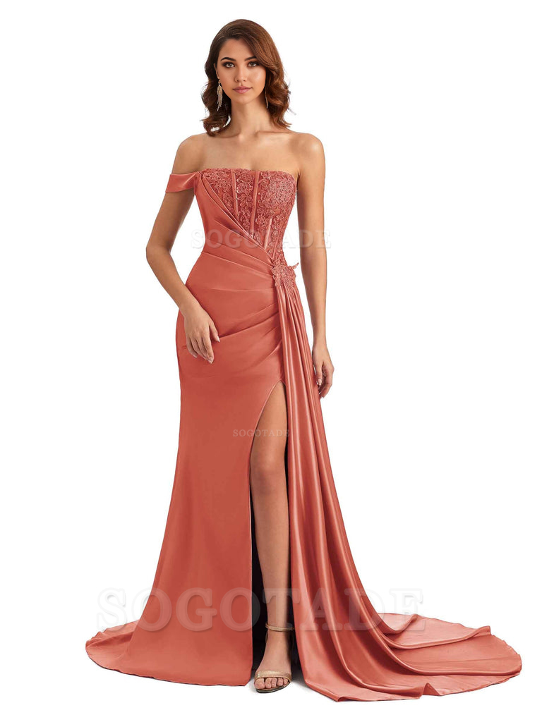 Mermaid Off Shoulder Applique formal dresses evening gown Bridesmaid Dresses With Side Slit 