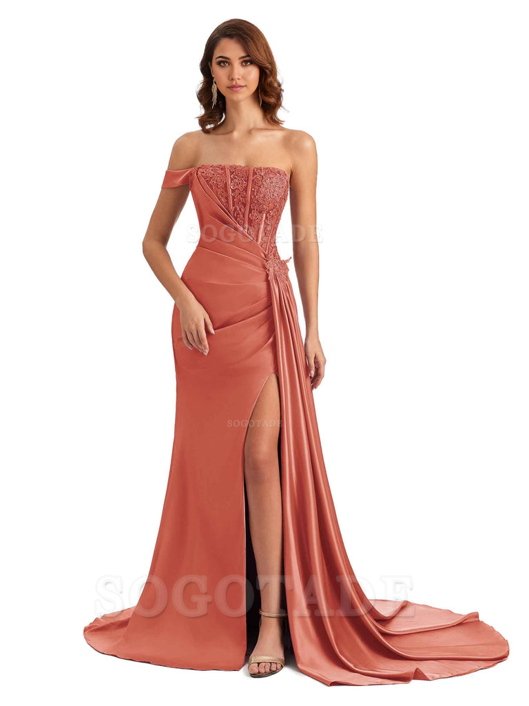 Mermaid Off Shoulder Applique formal dresses evening gown Bridesmaid Dresses With Side Slit 