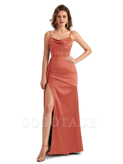 Sexy Side Slit Mermaid Silky Satin Spaghetti Straps Unique Wedding Guest Dresses