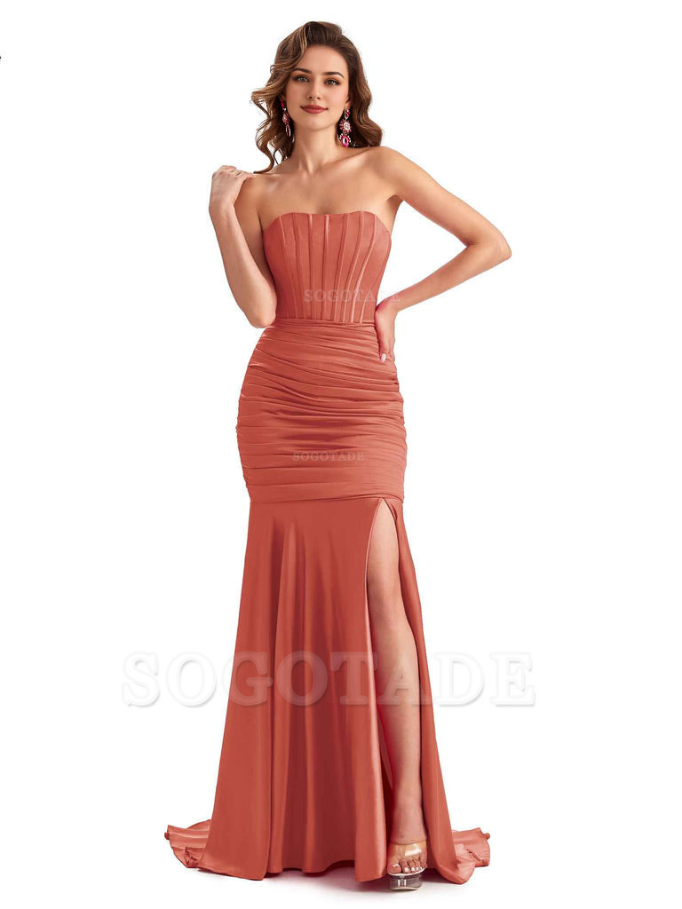 Sexy Strapless Side Slit Mermaid Silky Satin Formal Bridesmaid Dresses