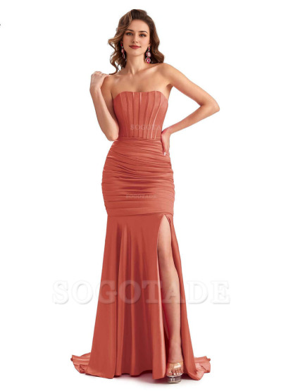 Sexy Strapless Side Slit Mermaid Silky Satin Formal Bridesmaid Dresses