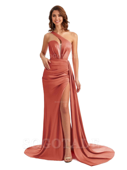 Mermaid One Shoulder Satin formal dresses evening gown Bridesmaid Dresses With Side Slit