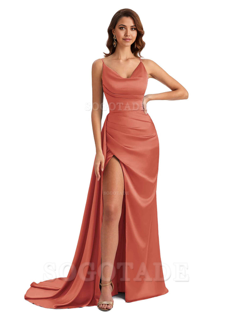 Mermaid Cowl Spaghetti Satin formal dresses evening gown Bridesmaid Dresses With Side Slit
