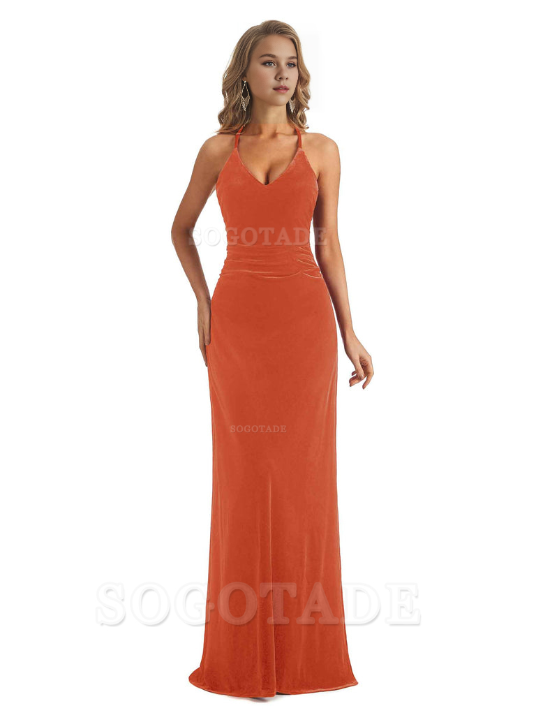 Elegant V-Neck Halter Backless Mermaid Velvet Long Wedding Party Dresses Bridesmaid Dresses Formal Women's Dresses Wedding Guests Dresses