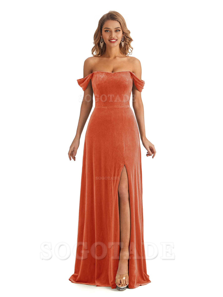 Elegant Mermaid Off The Shoulder Unique Velvet Side Slit Backless Long Bridesmaid Dresses Formal Wear Dresses
