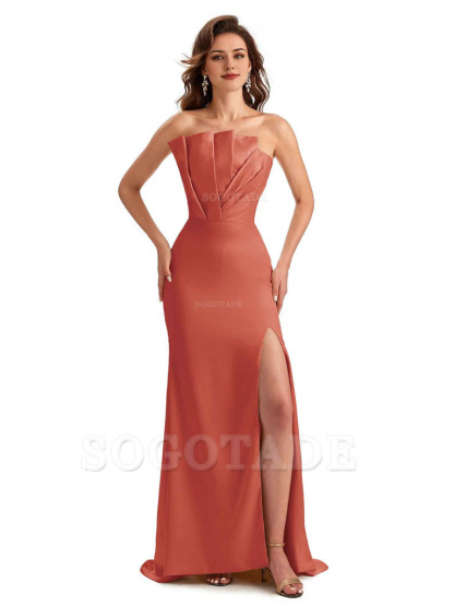 Unique Soft Satin Side Slit Asymmetrical Neckline Mermaid Long Bridesmaid Dresses