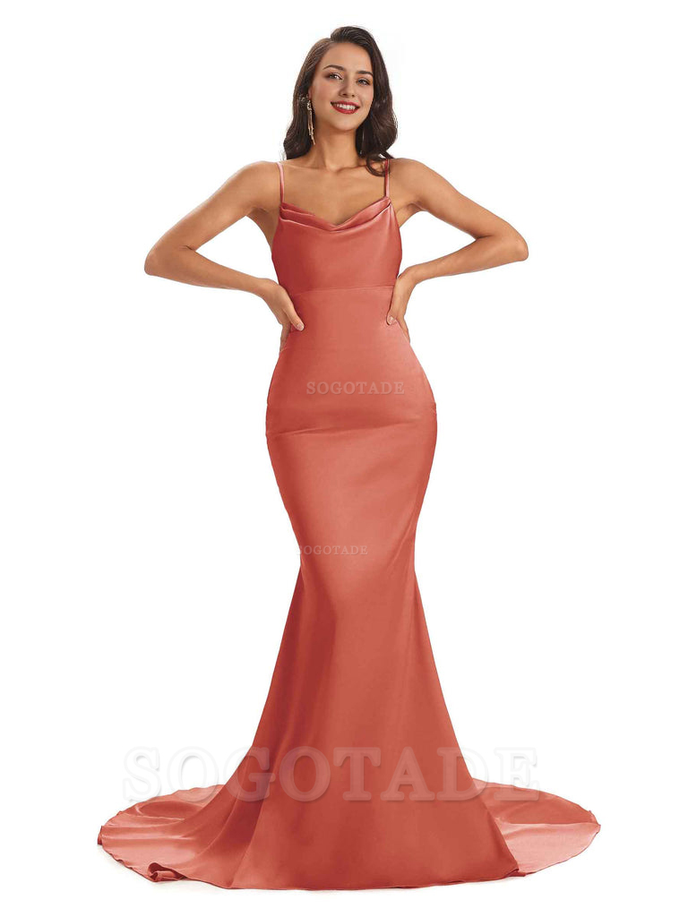 Sexy Backles Soft Satin Spaghetti Straps Maxi Mermaid Bridesmaid Dresses Online prom shop dresses