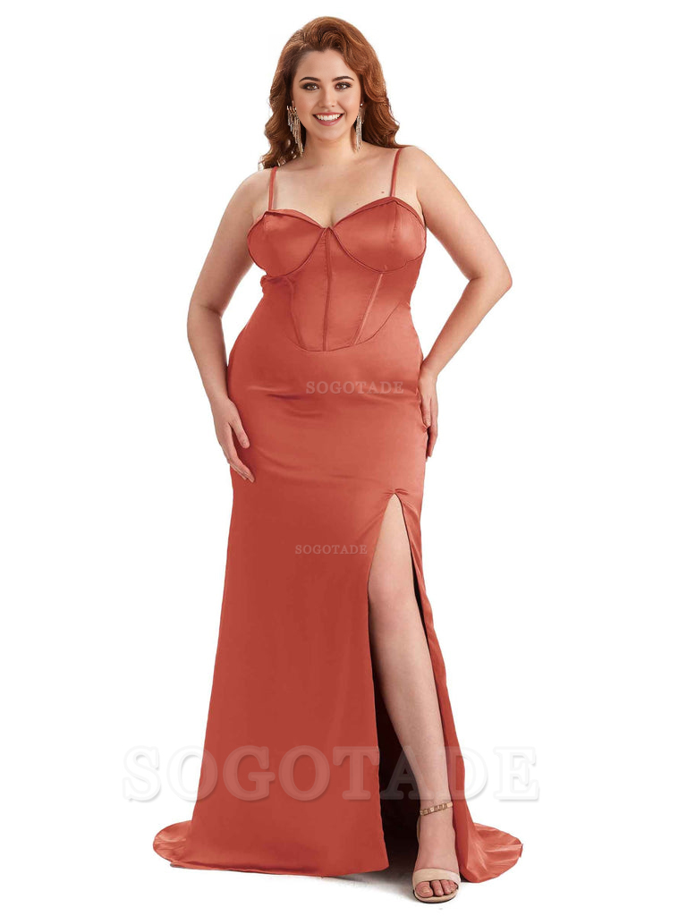 Sexy Spaghetti Straps Side Slit Sleeveless Mermaid Soft Satin Long Bridesmaid Dress Plus Size Dress To Wear to a Wedding