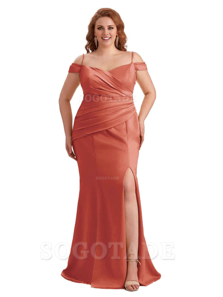Elegant Cold Shoulder Side Slit Mermaid Soft Satin Long Plus Size Bridesmaid Gowns