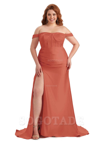 Elegant Off The Shoulder Side Slit Mermaid Soft Satin Floor Length Long Plus Size Bridesmaid Gowns