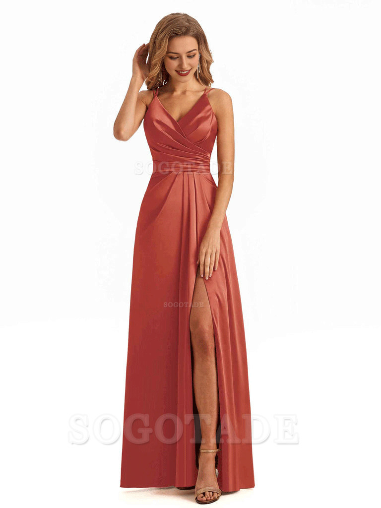 Soft Satin A-Line Spaghetti Straps V Neck Side Slit Maxi Long Bridesmaid Dresses