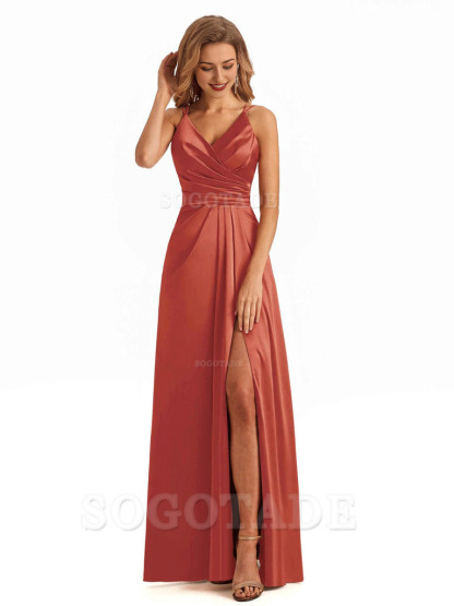 Soft Satin A-Line Spaghetti Straps V Neck Side Slit Maxi Long Bridesmaid Dresses