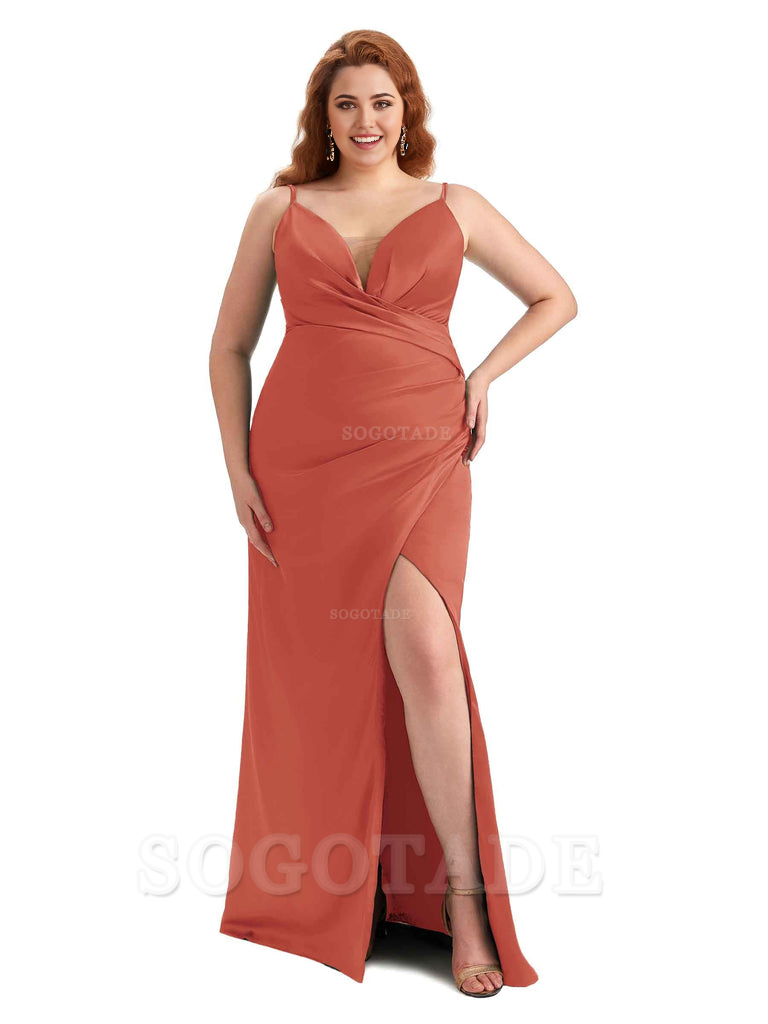 Sexy Side Slit Spaghetti Straps Sleeveless Mermaid V-neck Soft Satin Long Plus Size Bridesmaid Dress For Wedding