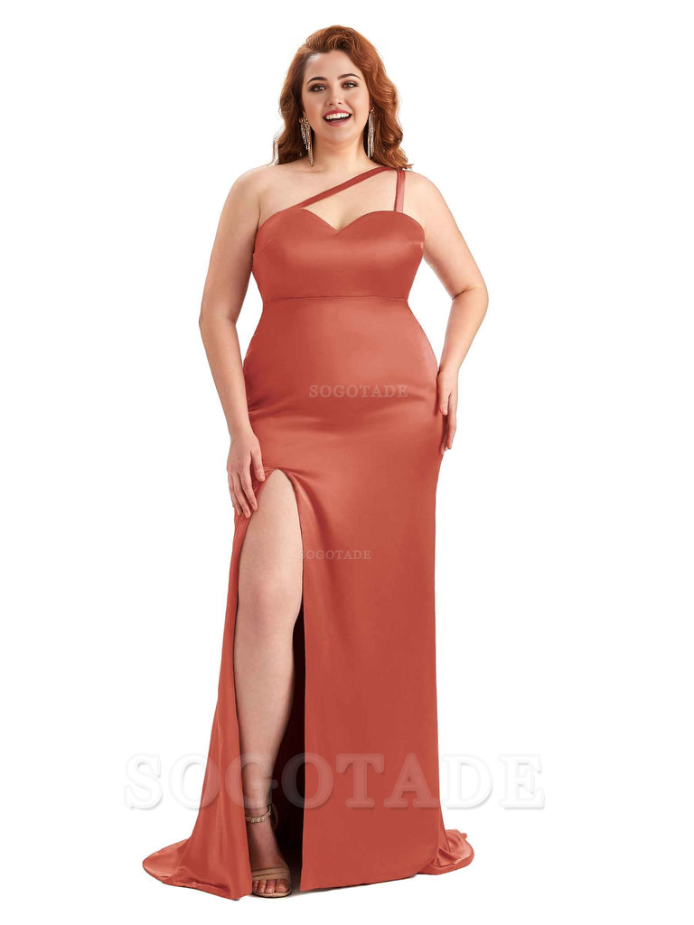 Sexy Side Slit Sleeveless Mermaid One Shoulder Soft Satin Long Plus Size Bridesmaid Dress For Wedding