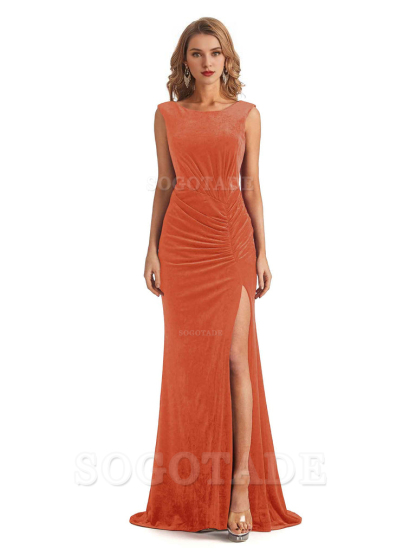 Sexy Open Back Mermaid Velvet Jewel High Split Maxi Long Bridesmaid Dresses Online