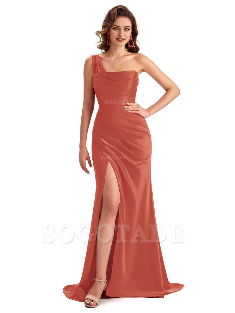 Sexy One Shoulder Side Slit Silky Satin Chic Long Mermaid Trumpet Bridesmaid Dress