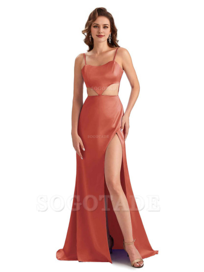 Sexy Satin Side Slit Spaghetti Straps Mermaid Long Unique Curve Wedding Guest Dresses