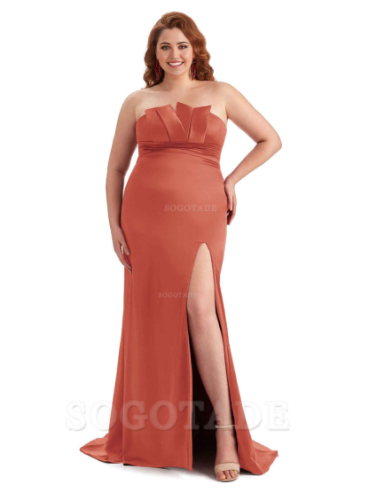 Sexy Side Slit Sleeveless Mermaid Soft Satin Long Plus Size Wedding Party Dresses For Wedding