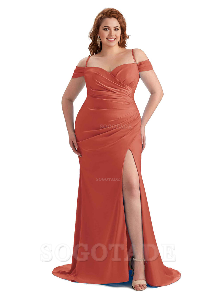 Sexy Side Slit Sleeveless Cold Shoulder Mermaid Soft Satin Long Plus Size Maid of Honor Dresses
