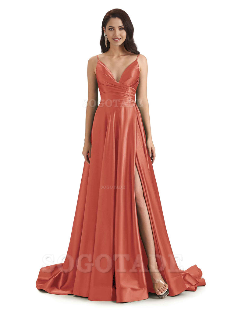 Spaghetti Straps Satin formal dresses evening gown Bridesmaid Dresses With Side Slit 