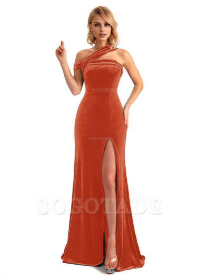 Sexy Mermaid Asymmetric Velvet Side Slit Long Bridesmaid Dresses