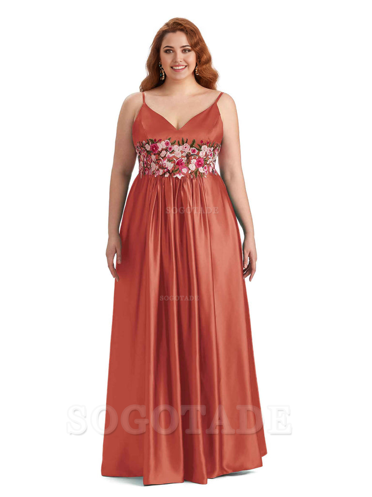 Unique Lace Spaghetti Straps Sleeveless Soft Satin Long Plus Size Bridesmaid Dress For Wedding