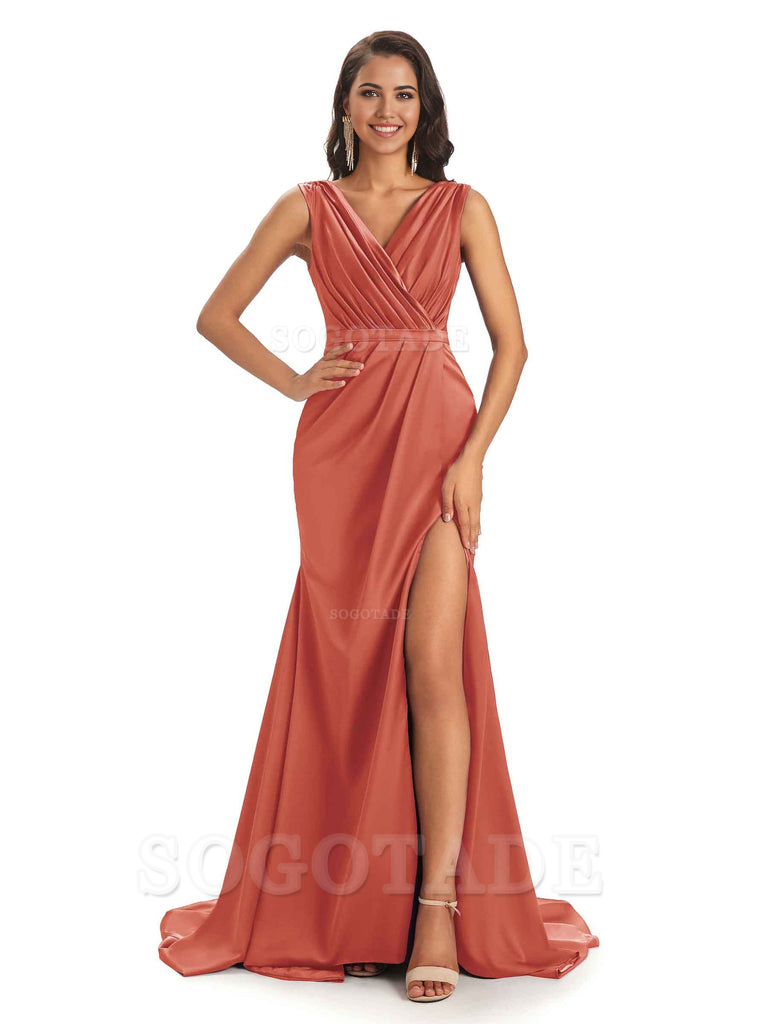 A-line V-neck Floor-Length Satin formal dresses evening gown Bridesmaid Dresses With Side Slit 