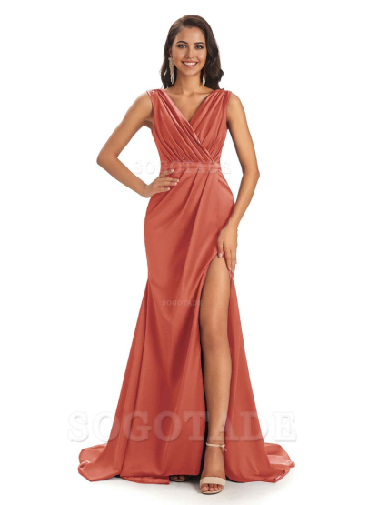 A-line V-neck Floor-Length Satin formal dresses evening gown Bridesmaid Dresses With Side Slit 