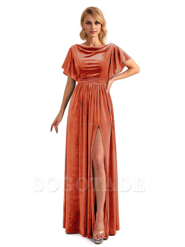 Elegant A-Line Jewel Bat Sleeves Velvet Side Slit Long Bridesmaid Dresses