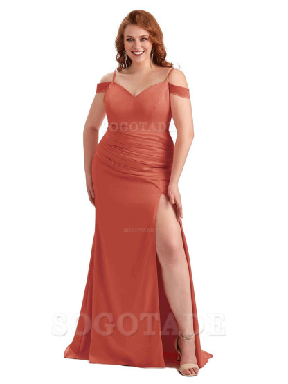 Sexy Side Slit Mermaid Cold Shoulder Soft Satin Long Plus Size Bridesmaid Dresses Online