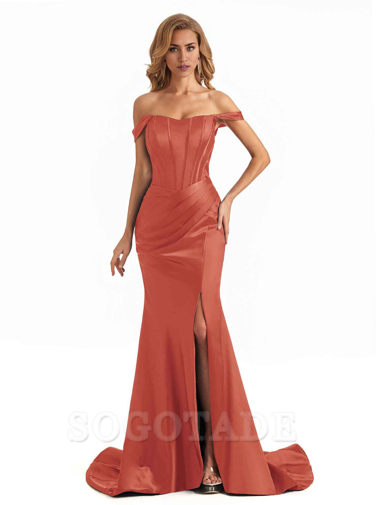 Sexy Long Mermaid Bridesmaid Dresses Off The Shoulder with Side Slit Satin Elegant Evening Party Dress 