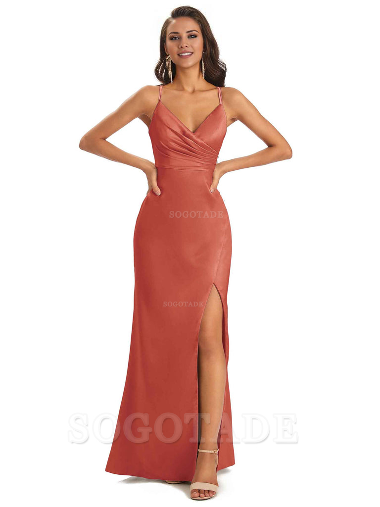 Soft Satin Side Slit Spaghetti Straps Long Unique Mermaid Bridesmaid Dresses Elegant Evening Party Dress
