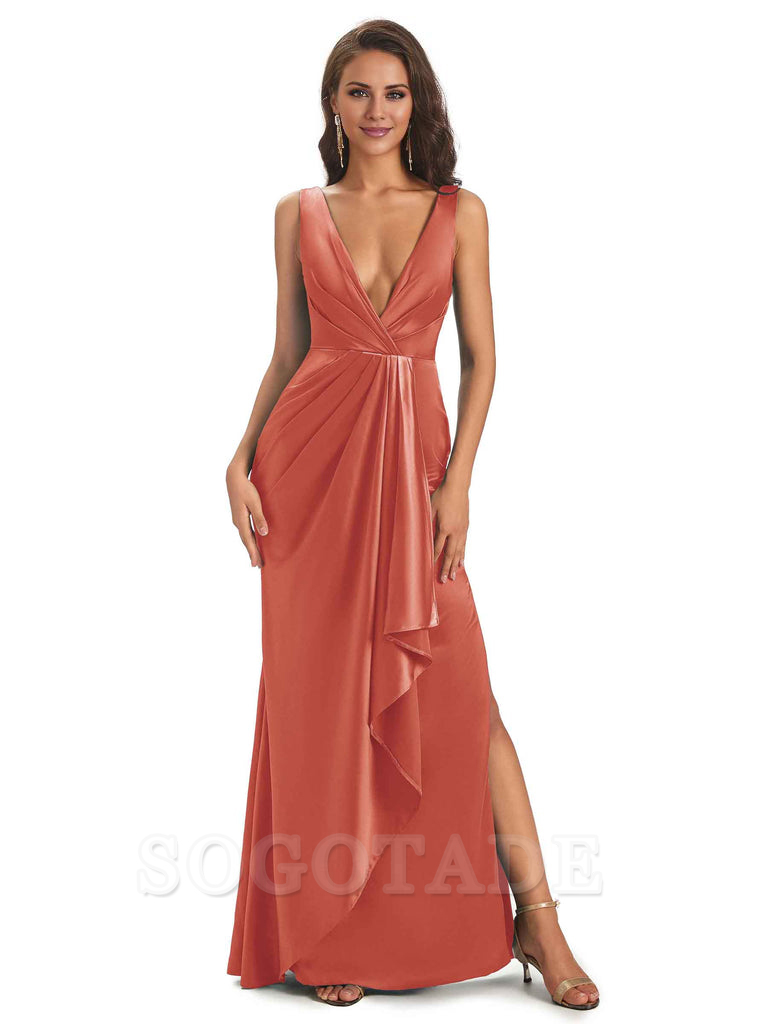 Sexy Satin V-Neck Floor-Length Long Bridesmaid Dresses with Side Slit Elegant Evening Party Dress