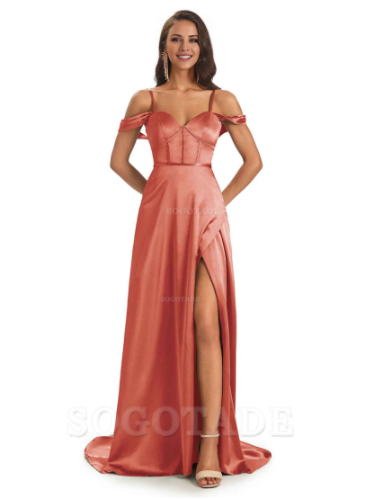Stylish Soft Satin Side Slit Spaghetti Straps Bridesmaid Dresses Elegant Evening Party Dress