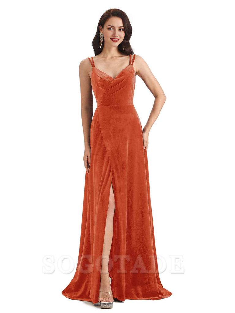Sexy Velvet Long Bridesmaid Dresses Spaghetti Straps Open Back with Side Slit