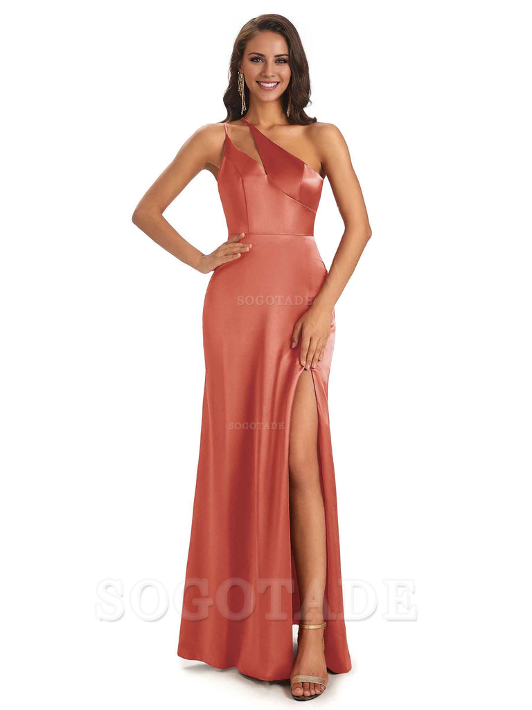 Sexy Soft Satin Side Slit One Shoulder Floor-Length Mermaid Long Bridesmaid Dresses Elegant Evening Party Dress