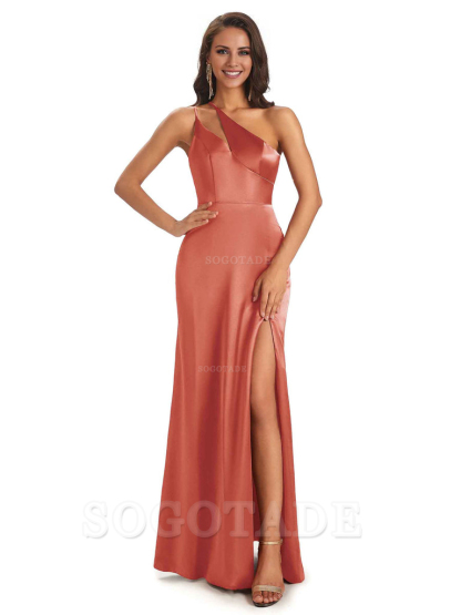 Sexy Soft Satin Side Slit One Shoulder Floor-Length Mermaid Long Bridesmaid Dresses Elegant Evening Party Dress