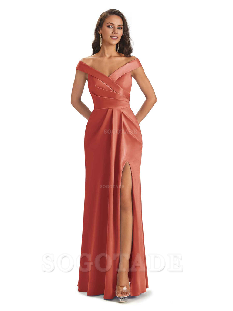 Sexy Soft Side Slit Off Shoulder V-Neck Long Satin Ladies Bridesmaid Dresses Elegant Evening Party Dress