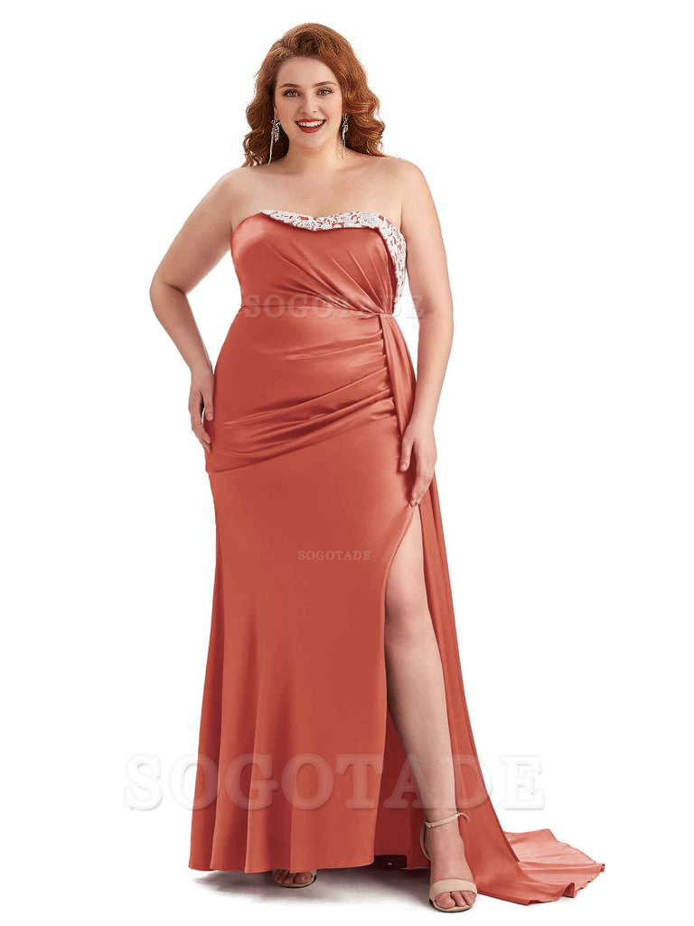 Sexy Side Slit Strapless Mermaid Lace Soft Satin Long Plus Size Maid of Honor Dresses