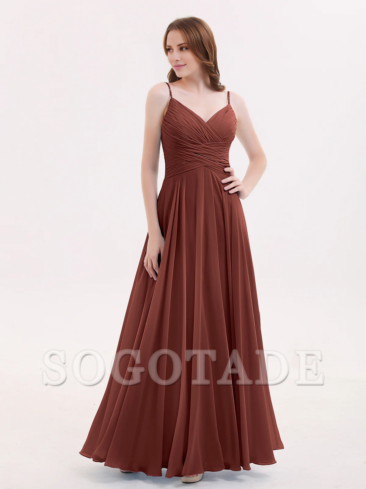 V-neck Fine Shoulder Strap Floor Length Chiffon Bridesmaid Dresses Online