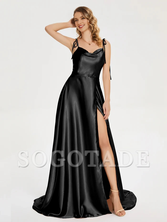 Thin shoulder strap slit soft satin and floor length bridesmaid dress