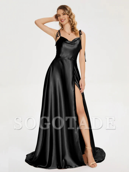 Thin shoulder strap slit soft satin and floor length bridesmaid dress